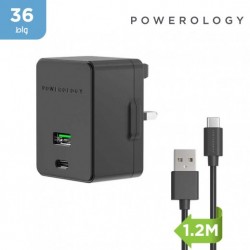 Powerology Ultra-Quick PD Charger Dual Ports 36W with Type-C Cable 1.2m ( Black )
