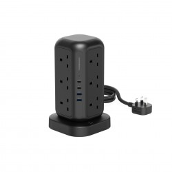 Powerology 12 Socket Multi Port Tower Hub Extension / with USB & USB-C Ports - Black