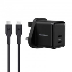 Powerology Super-Compact Gan Charger With (1.2m/4ft) USB-C To Lightning Cable - Black