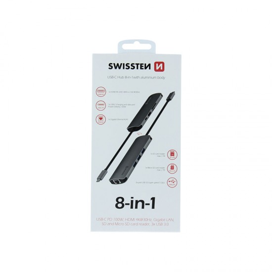 Swissten 8 In 1 USB-C Hub - Grey