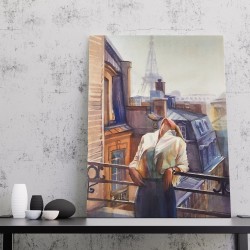 Canvas painting a beautiful French girl from the balcony of the house looking at the Eiffel Tower