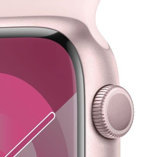 ساعة أبل الجيل التاسع جي بي إس - مقاس 41 ملم هيكل من الألومنيوم باللون الوردي مع حزام رياضي باللون الوردي الفاتح - مقاس M/L