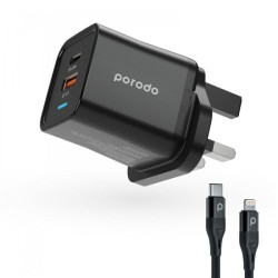 Porodo Dual Port PD + USB-A ( 35W+18W) Charger With Type-C To Lightning - Black