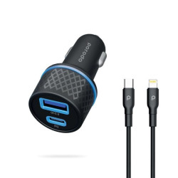Porodo 45.5W Dual Output Super-Fast Car Charger With Type-C To Lightning Cable  - Black