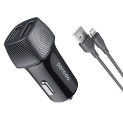 Porodo Dual Port Car Charger 3.4A With 0.9m Lightning Cable - Black