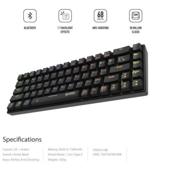 Gaming Keyboard (Mechanical ) with Wired and Bluetooth ( English - Arabic ) - Black