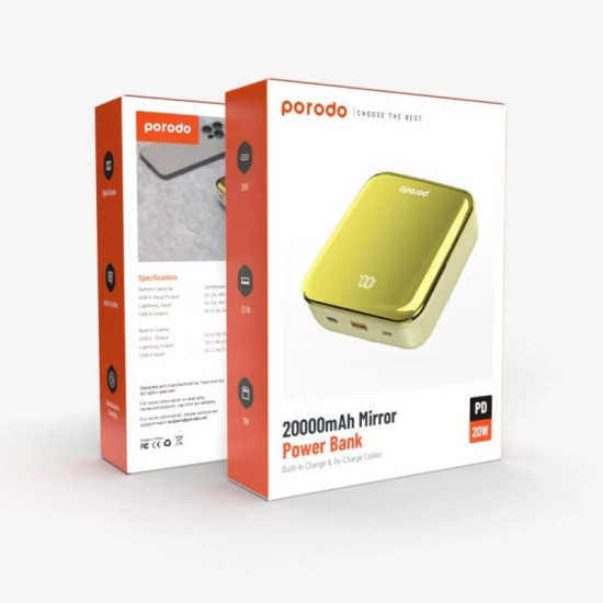 Porodo 20000Mah Mirror Power Bank Built-In Charge & Re-Charge Cables , Gold