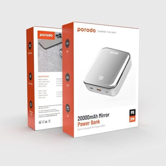 Porodo 20000Mah Mirror Power Bank Built-In Charge & Re-Charge Cables