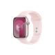 ساعة أبل الجيل التاسع جي بي إس - مقاس 41 ملم هيكل من الألومنيوم باللون الوردي مع حزام رياضي باللون الوردي الفاتح - مقاس M/L