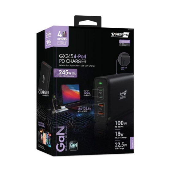 XPower Pro Gx245 245W 4-Port PD Gan Desktop Charger - Black