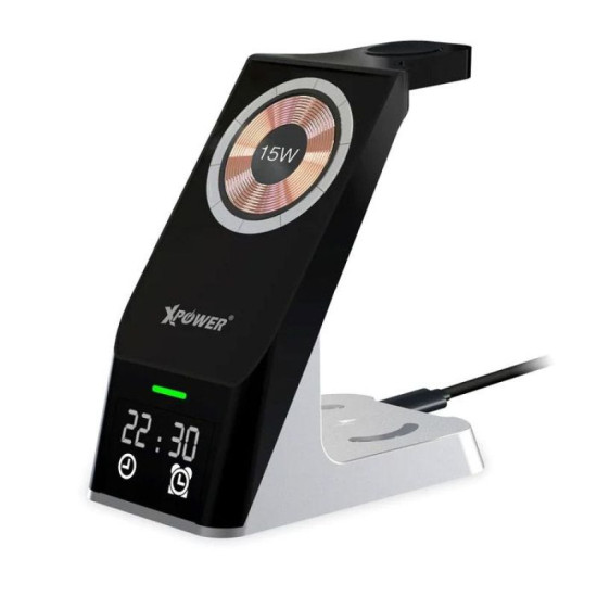 XPower WLS11 6 IN 1 15W Magnetic Wireless Charging Station with Clock Display - Alarm Clock - Black